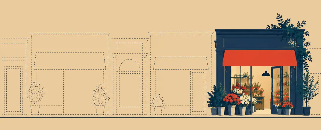 A row of shopfronts drawn as empty outlines of dashed lines, except one: a florist at the right, in full colour, with a red awning and buckets of flowers on the pavement.